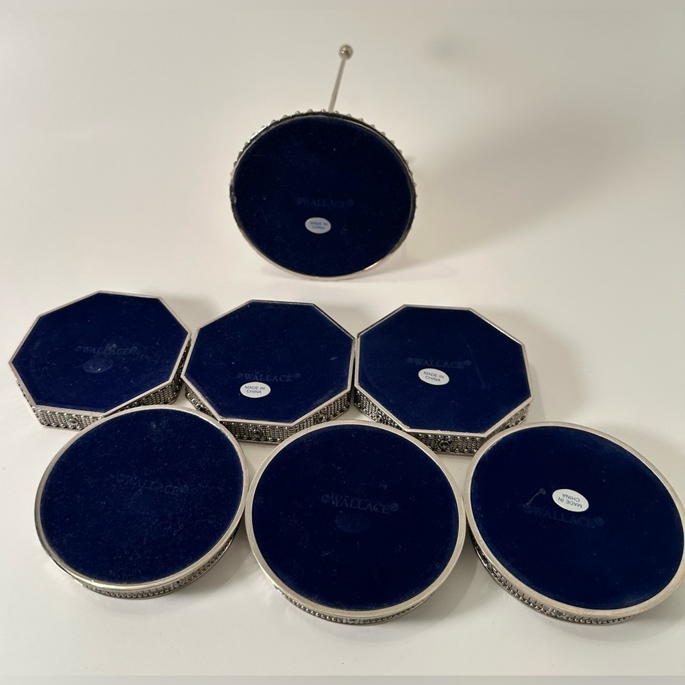 Vintage WALLACE Silver Coasters, Black Rhinestones, Rare7 Pieces, 2 Shapes - Picture 7 of 8